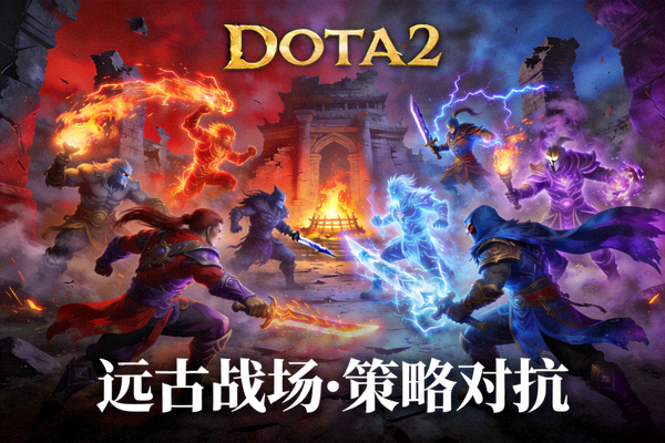 DOTA2游戏封面展示远古战场激烈团战与策略对抗场景